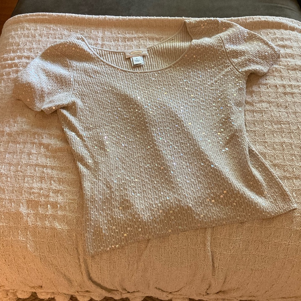 Cream sequined short sleeve shirt Talbots